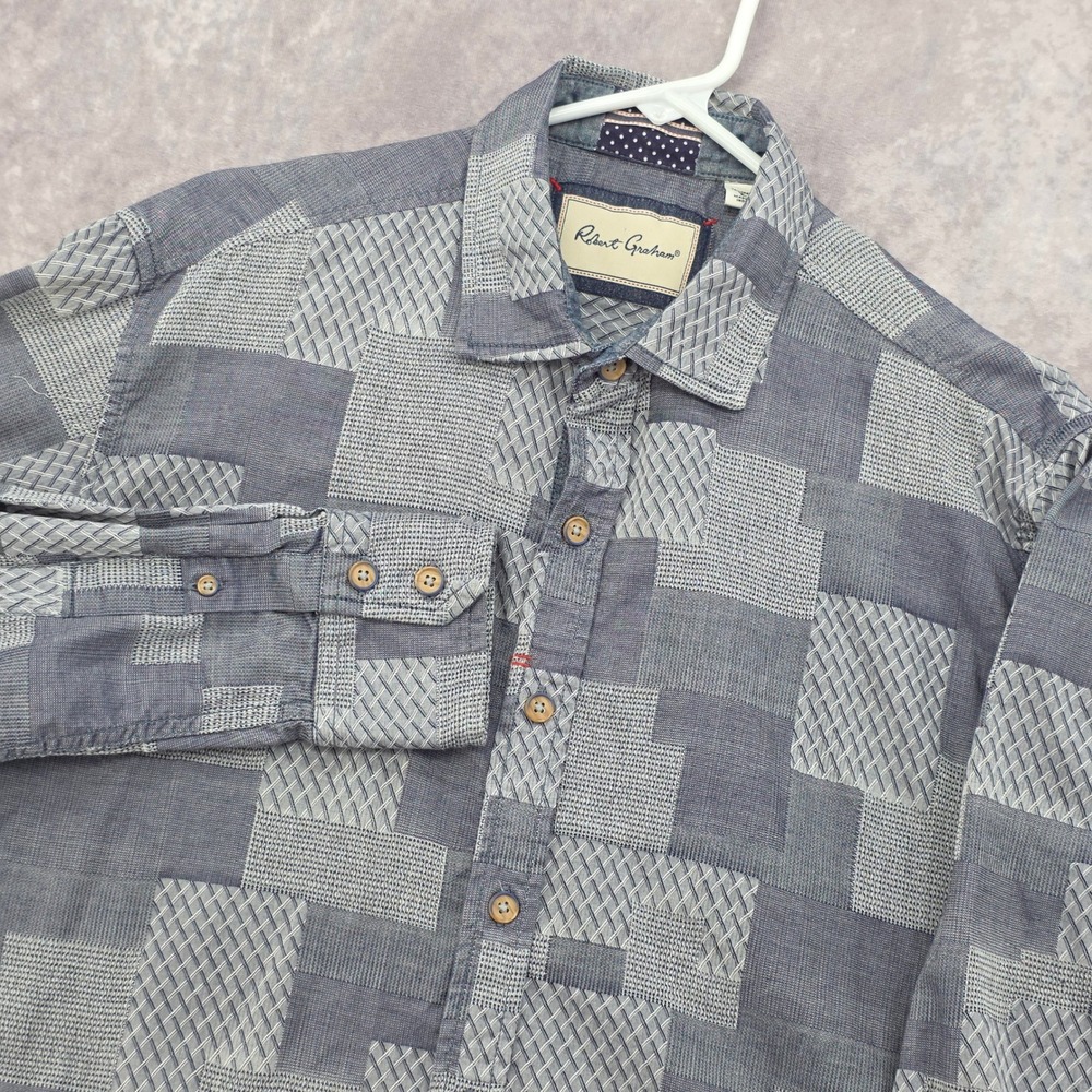 Robert Graham Mens L Tailored Fit Patchwork Jacquard Button Down Shirt Blue Gray